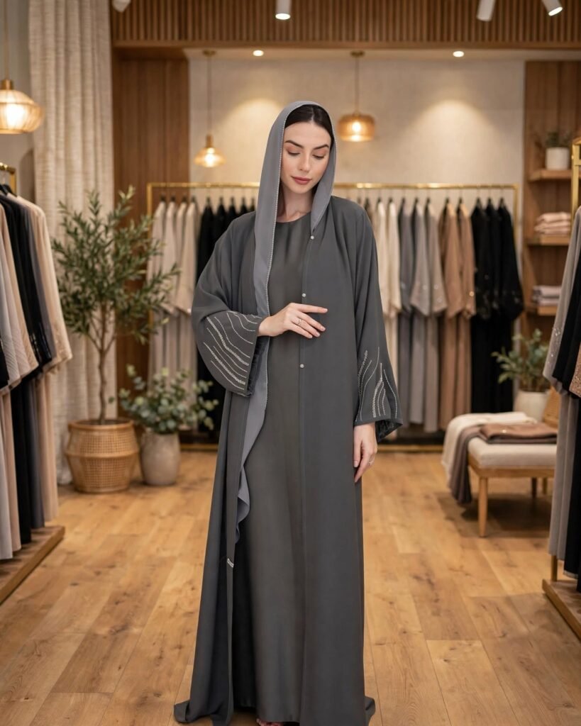 Charcoal Grey Hooded Abaya with Intricate Silver Threadwork - Photo 1