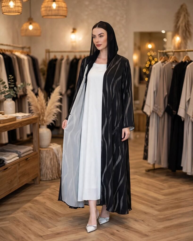 Ethereal Monochrome Zebra-Print Abaya & Inner Dress Set – Noir & Ivory - Photo 1