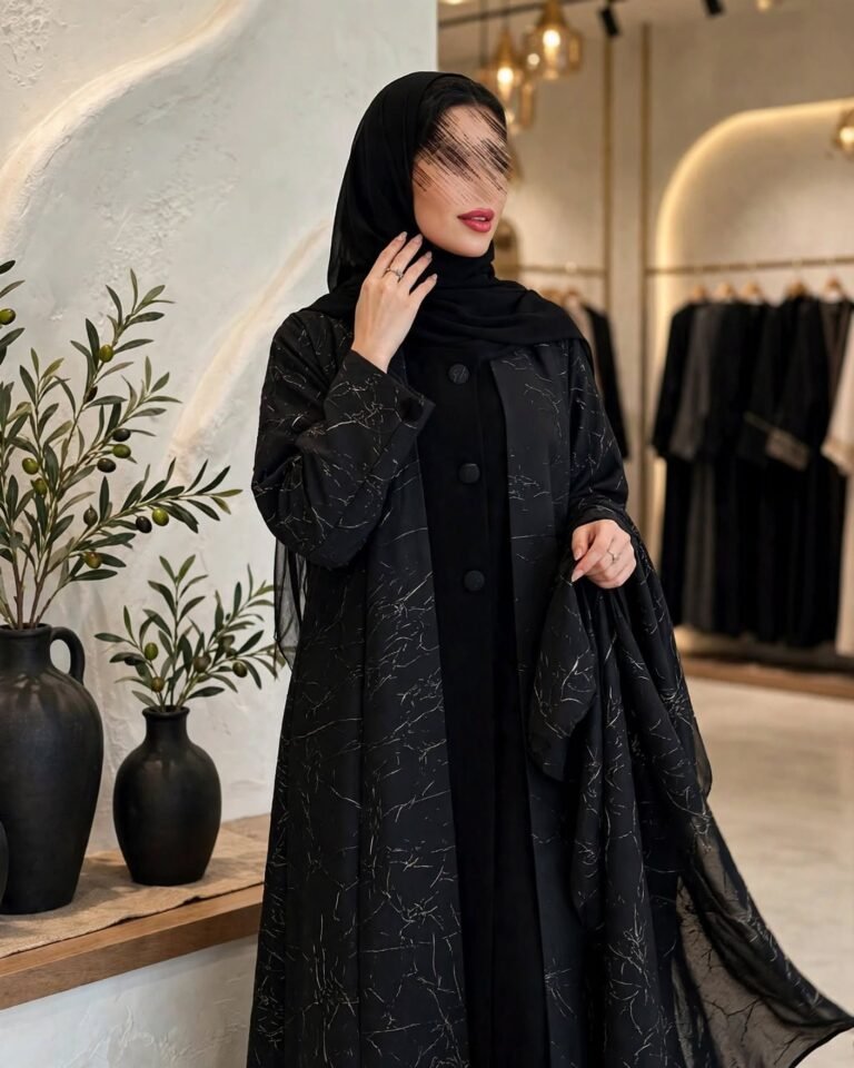 Midnight Marble Abstract Print Abaya Set with Matching Inner & Hijab