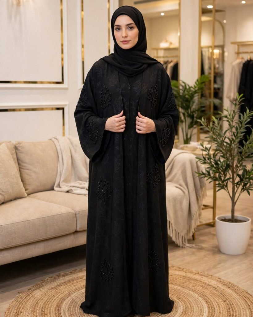 Midnight Leaf Embellished Minimalist Abaya Set - Photo 1