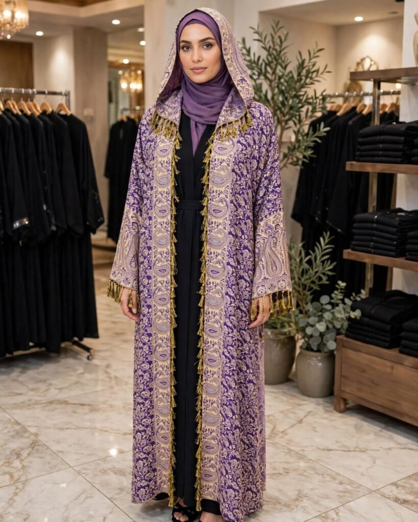 Royal Paisley Motif Hooded Abaya with Gold Tassel Accents - Photo 1