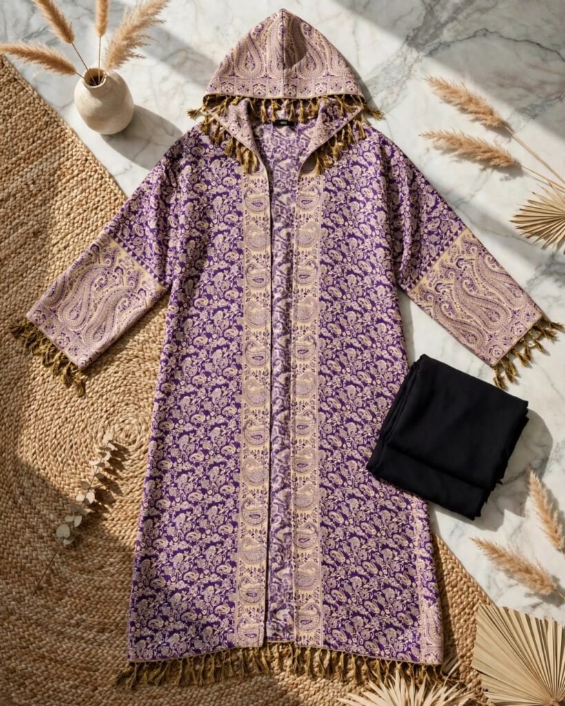 Royal Paisley Motif Hooded Abaya with Gold Tassel Accents - Photo 4