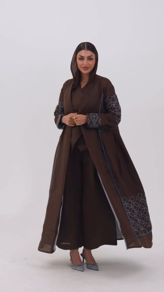 Elegant Embroidered Open Abaya & Inner Slip Set – Available in Midnight Black & Deep Earth Brown - Photo 4