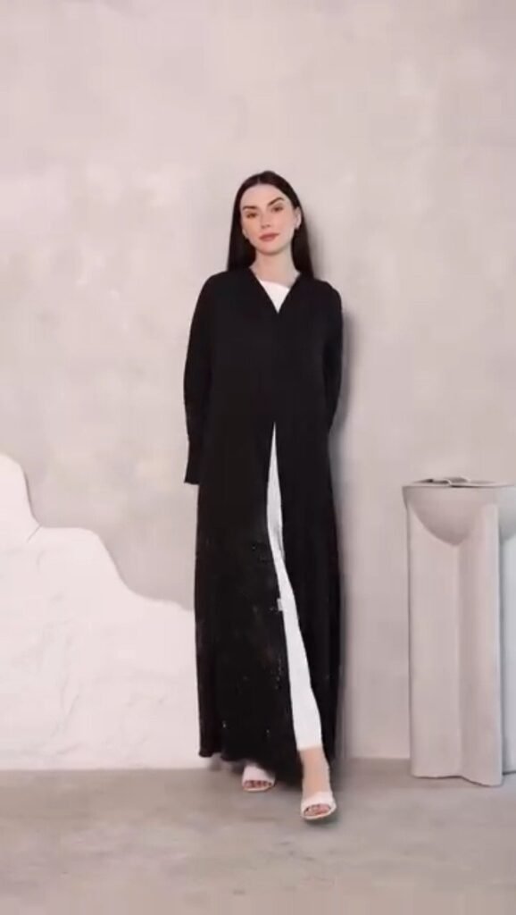 Midnight Noir Embellished Shimmer Abaya Ensemble - Photo 1