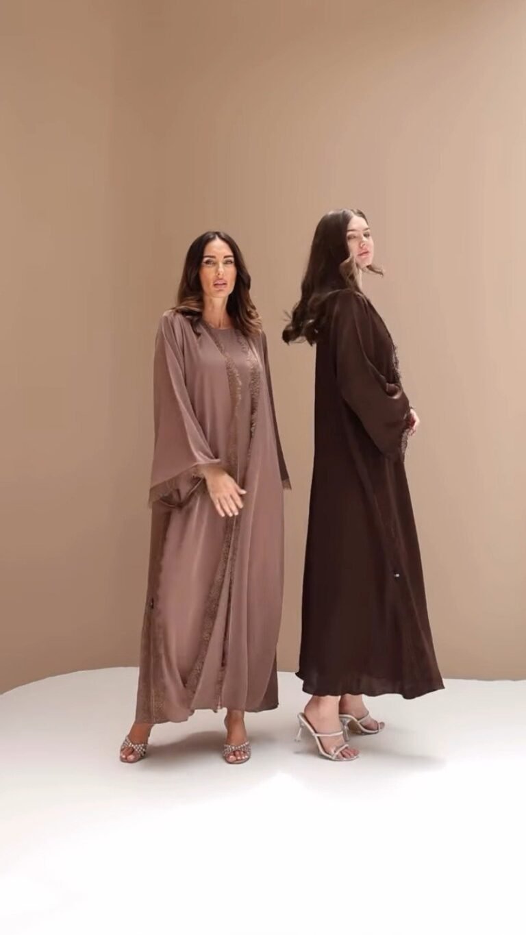 Elegant Lace-Trimmed Open Abaya Ensemble – Available in Mocha & Espresso