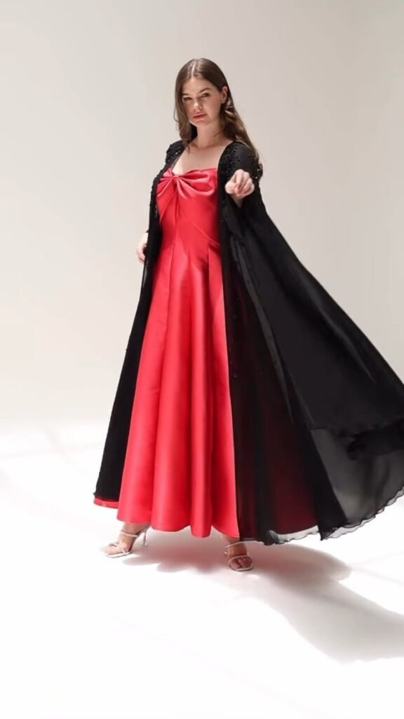 Crimson Satin Bow Maxi with Embellished Black Chiffon Shrug – Available in Red & Black Set - Photo 3