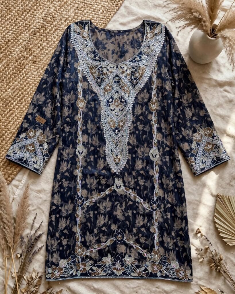 Midnight Bloom Embroidered Chiffon Kaftan Kurta - Photo 5