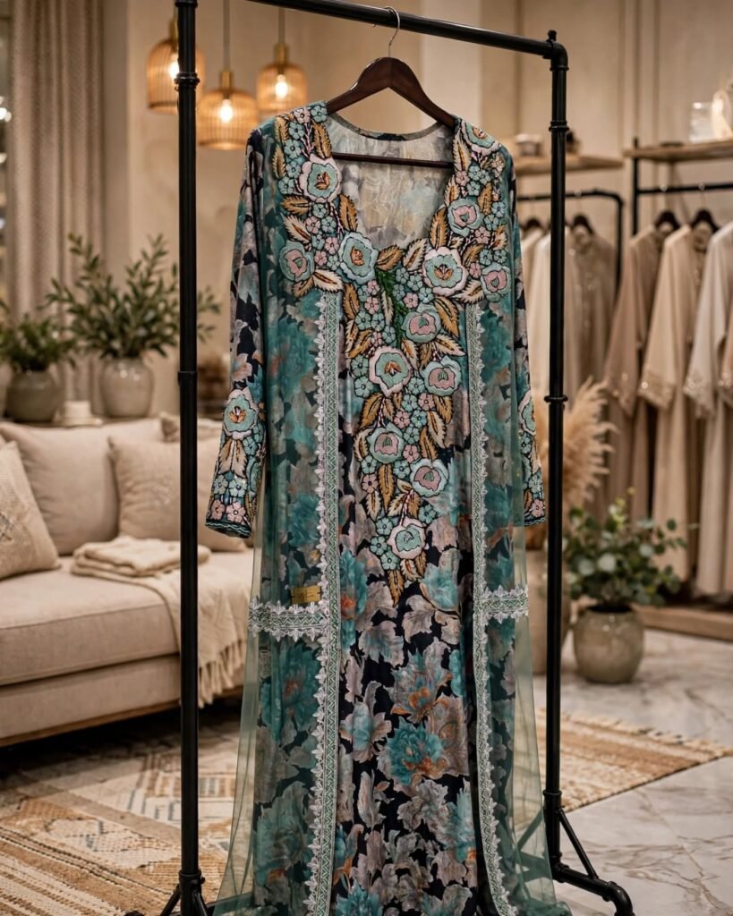 Enchanting Teal Floral Embroidered Overlay Kurta Set - Photo 5