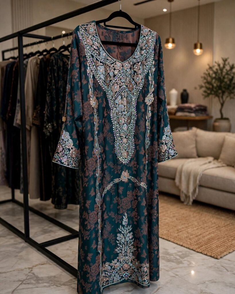 Midnight Emerald Floral Embroidered Kaftan Abaya – Rich Embellished Heritage Ensemble - Photo 5
