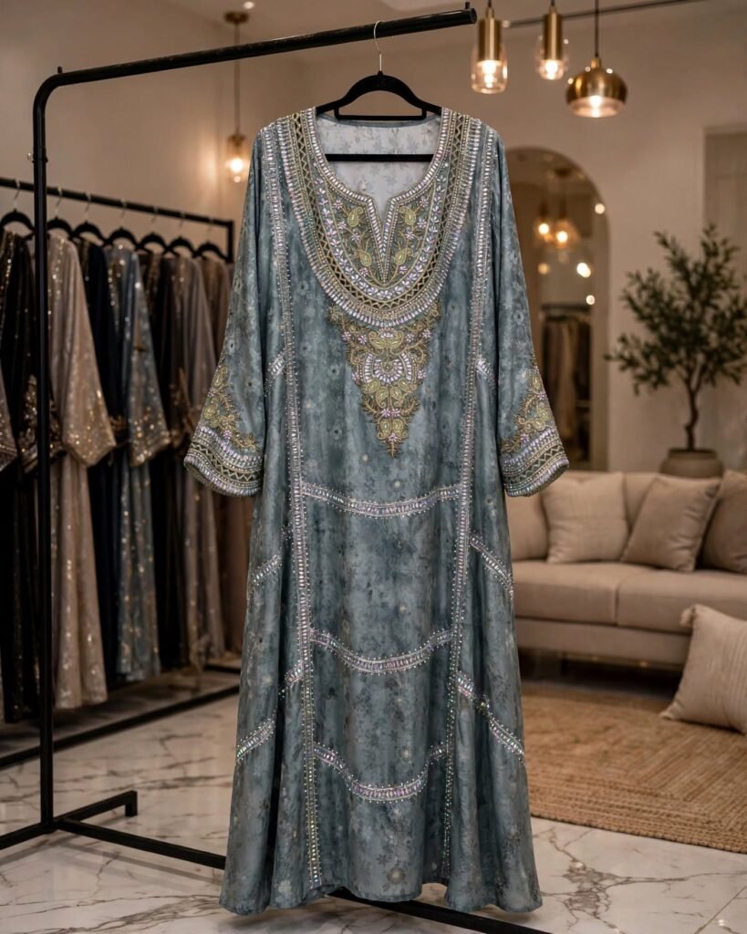 Sage Grey Embellished Floral Kaftan Maxi Dress - Photo 5