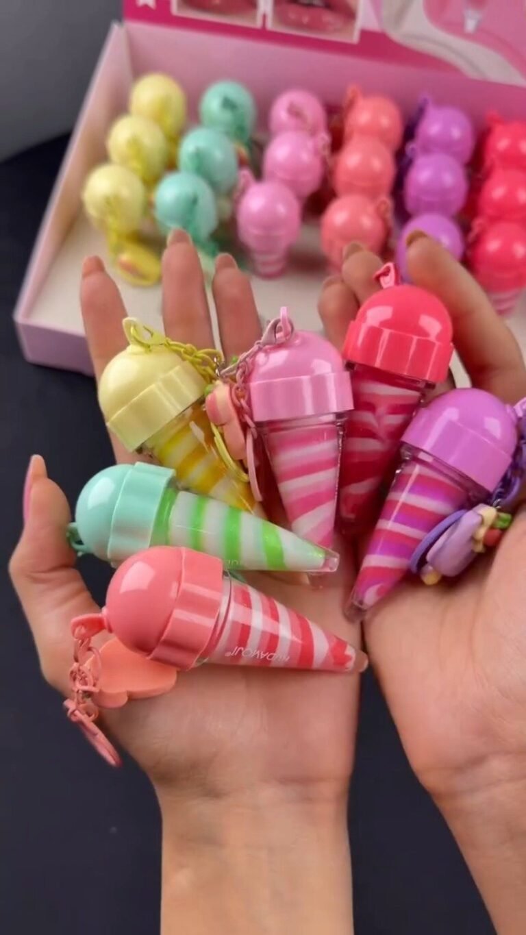 Cute Ice-Cream Cone Lip Gloss Keychain | Fruity Scented Tinted Gloss with Charm | Kids & Teens Fun Beauty Accessory