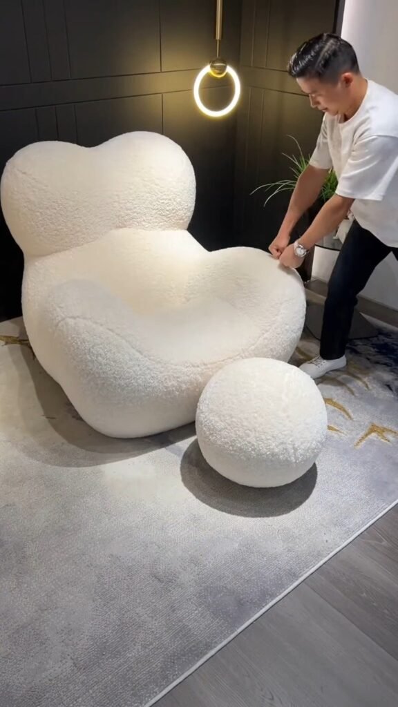Fluffy Boucle Lounge Chair with Round Ottoman | Oversized Cloud-Shape Teddy Fabric Accent Armchair for Living Room & Bedroom - Photo 5