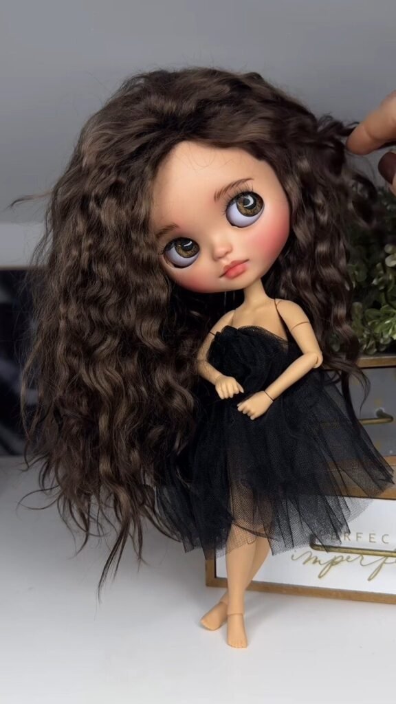 Collectible Art Doll with Curly Hair & Big Eyes | Handcrafted Ball-Jointed Fashion Doll in Black Tulle Dress, Custom Display Doll - Photo 1