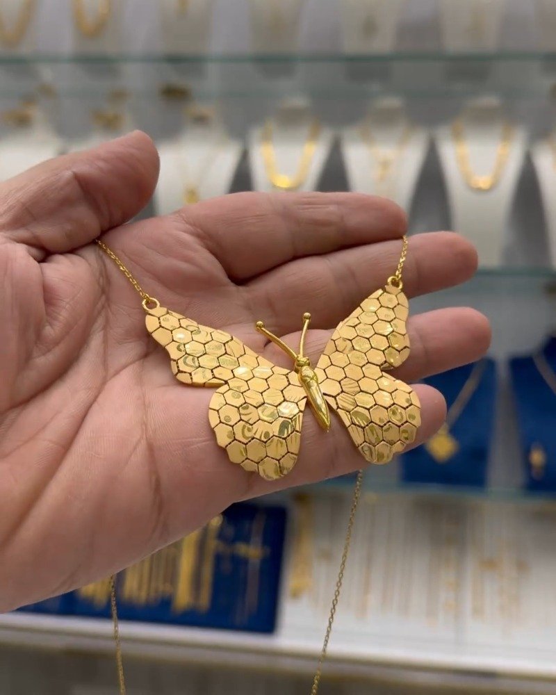 Gold-Tone Butterfly Pendant Necklace | Elegant Honeycomb Textured Butterfly Charm Necklace, Delicate Chain Jewelry for Women - Photo 1